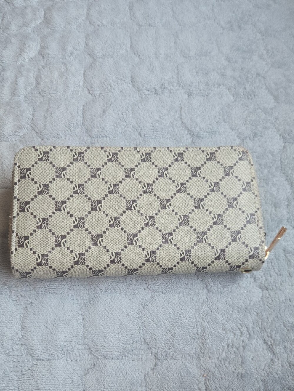 Beige Patterned Zip-Around Wallet with Gold Bee Accent - Picture 2 of 5